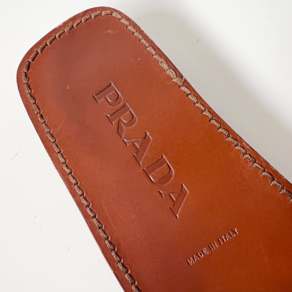 Prada Sandals 39 8 Brown Leather Horseshoe Buckle Square Toe Flat Slides - Picture 7 of 10